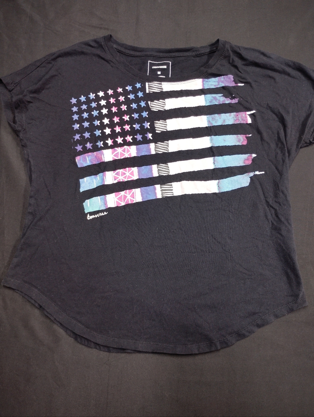 Converse Black Tee with Purple and Blue Flag Graphic